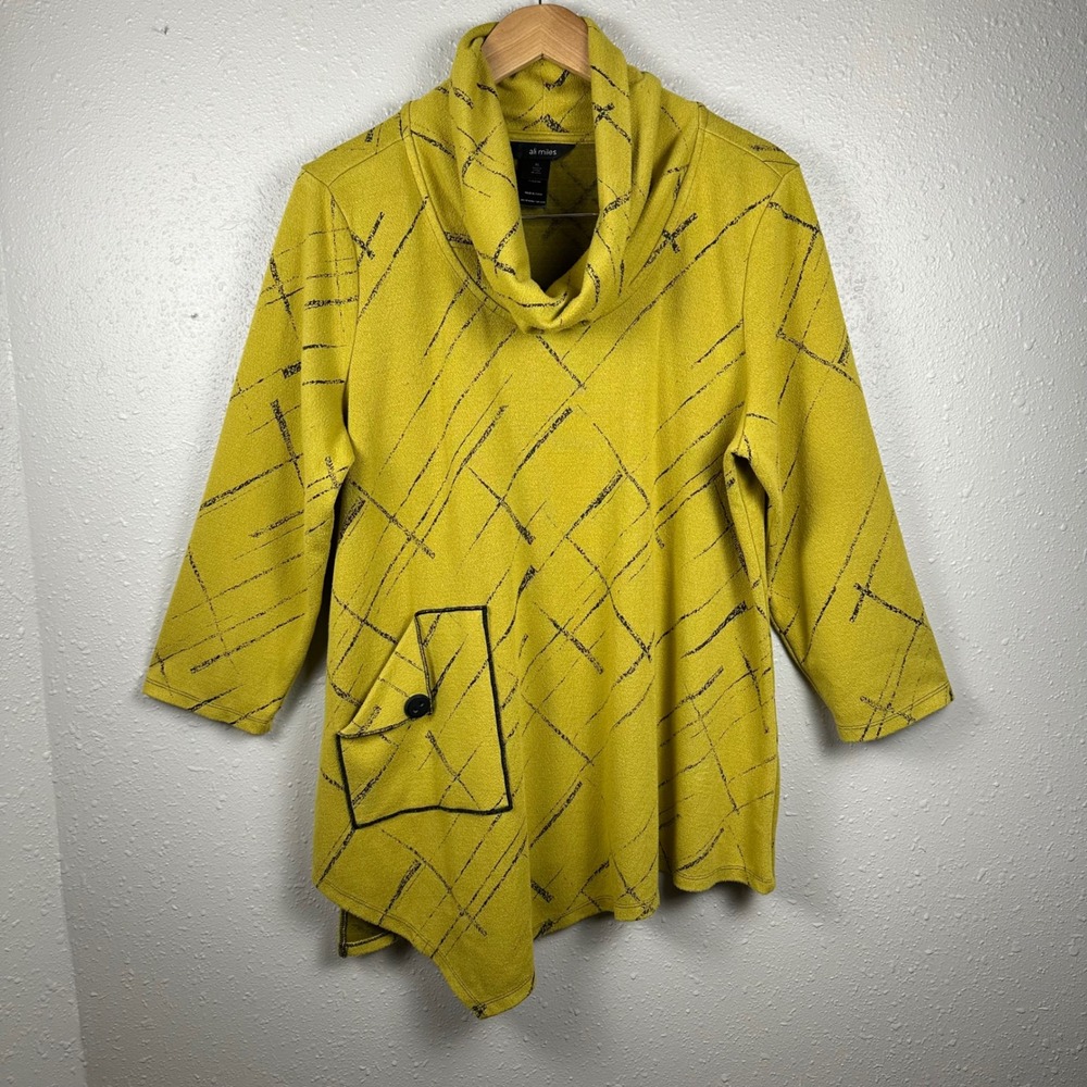 Ali Miles Womens XL Sweater Cowl Neck Asymmetrical Hem Pattern Pocket Lagenlook